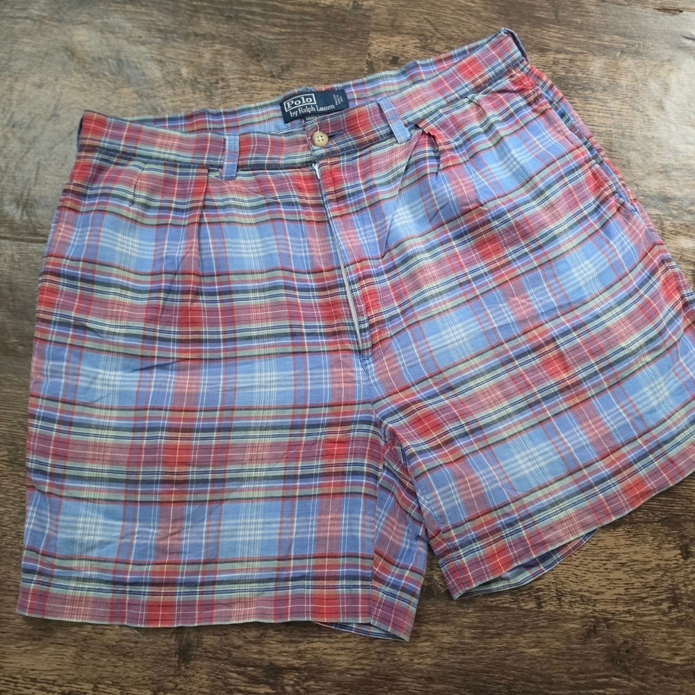 POLO RALPH LAUREN Andrew Short Mens 36 Blue Red Plaid Pleated Cotton Madras